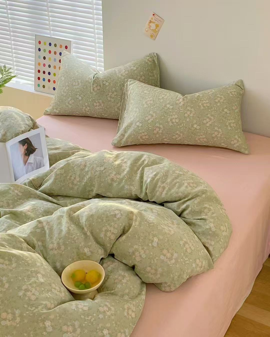 BreezeSoft Gauze Cotton Bedding Set - Green Rose