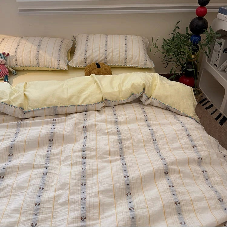Pure Cotton Washed Jacquard Bedding Set - Cream Puppy