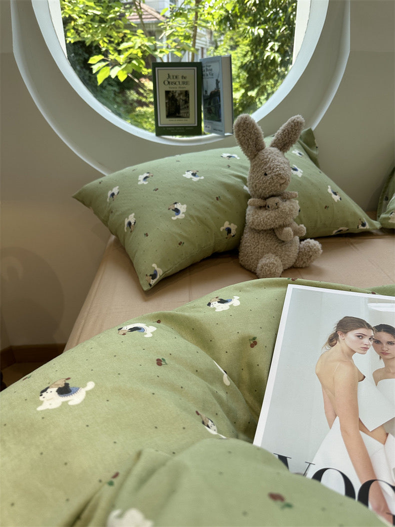 BreezeSoft Gauze Cotton Bedding Set - Green Puppy