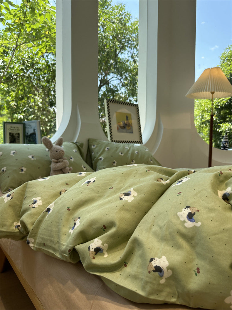 BreezeSoft Gauze Cotton Bedding Set - Green Puppy