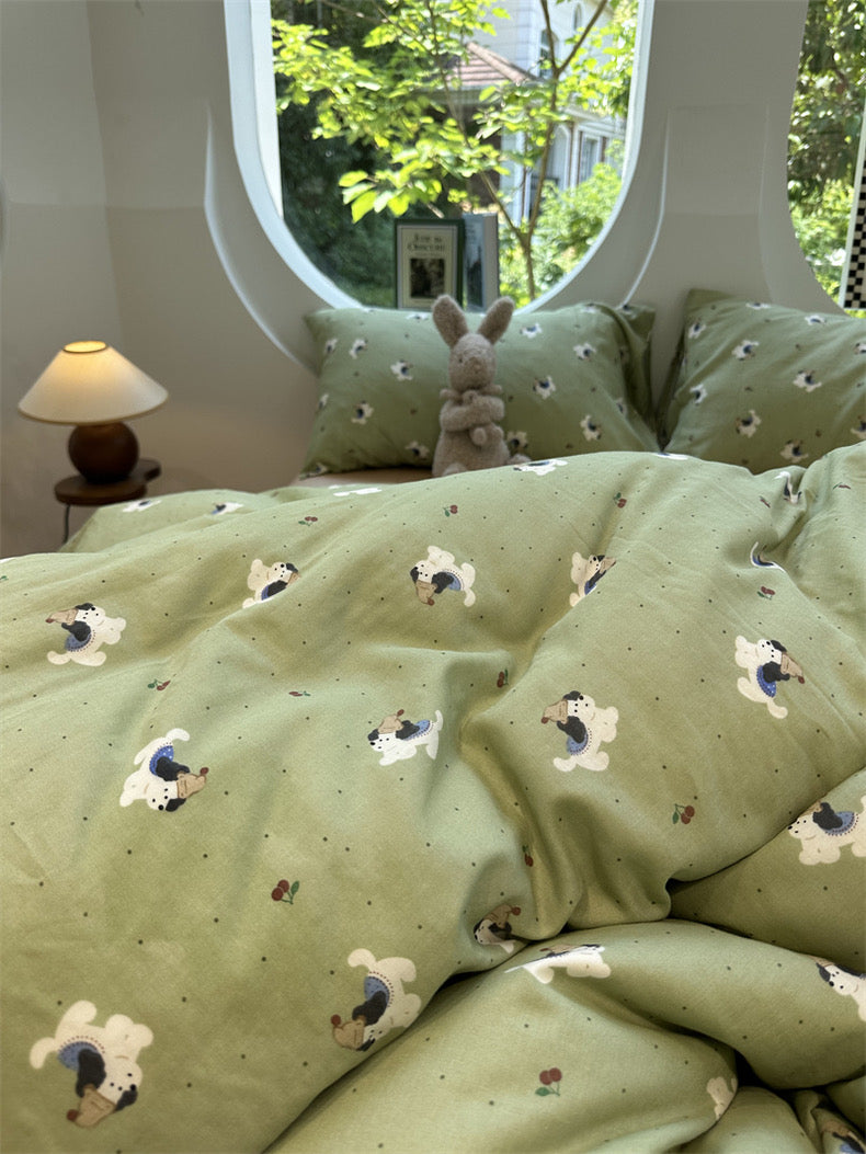 BreezeSoft Gauze Cotton Bedding Set - Green Puppy