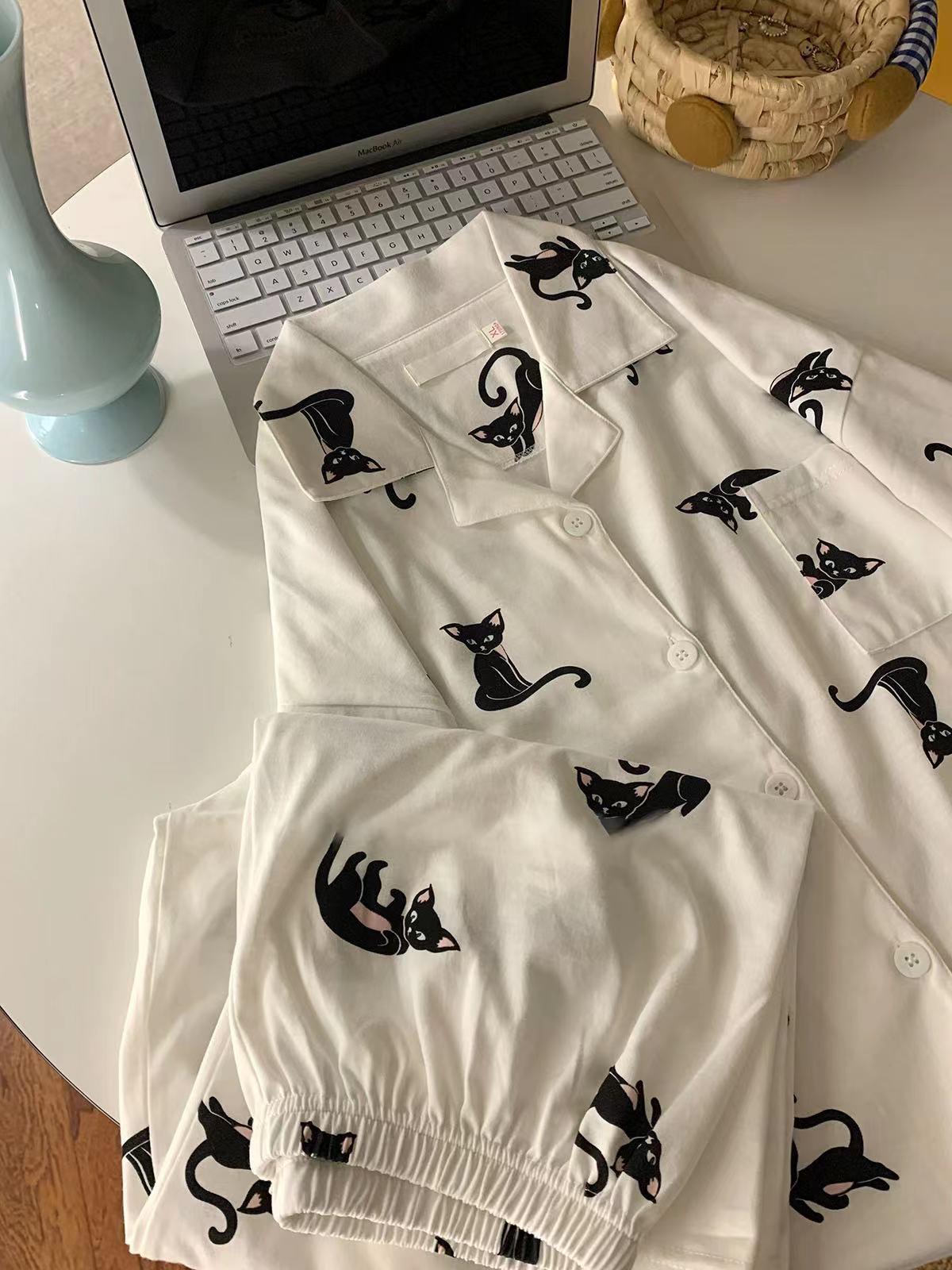 黑猫图案纯棉睡衣套装