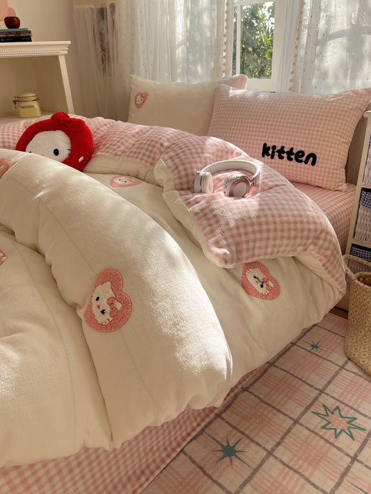 Pink Kitten Fluffy Winter Bedding Set
