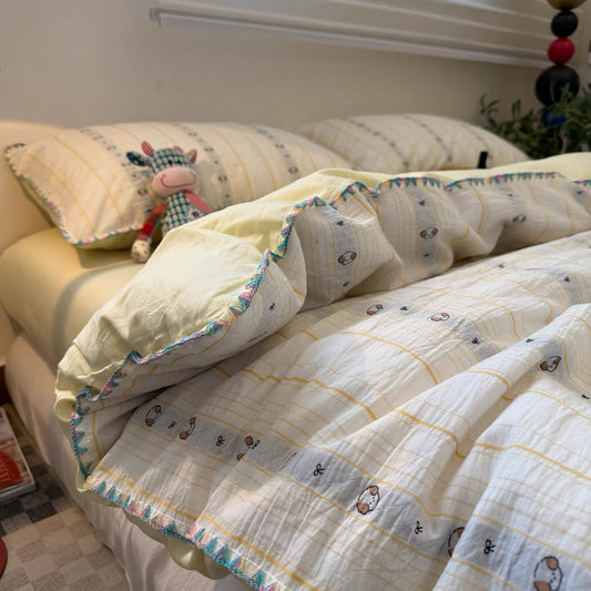 Pure Cotton Washed Jacquard Bedding Set - Cream Puppy