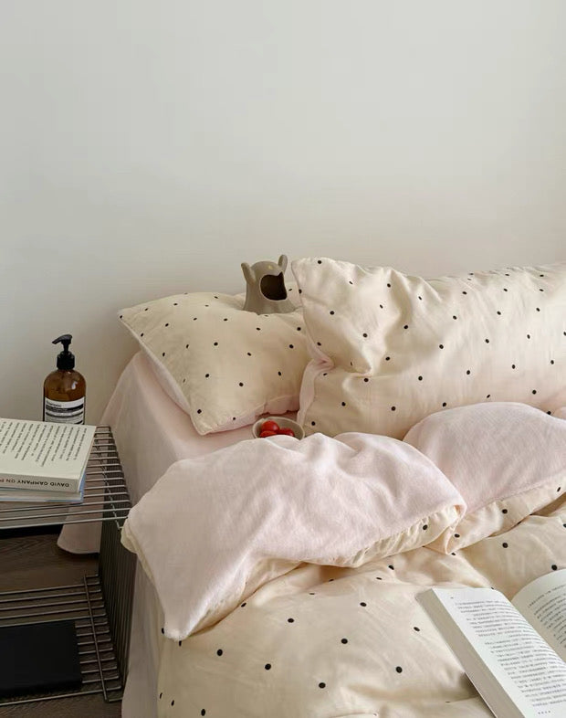 Pink Polka-Dot Cotton & Milk Fleece Bedding Set