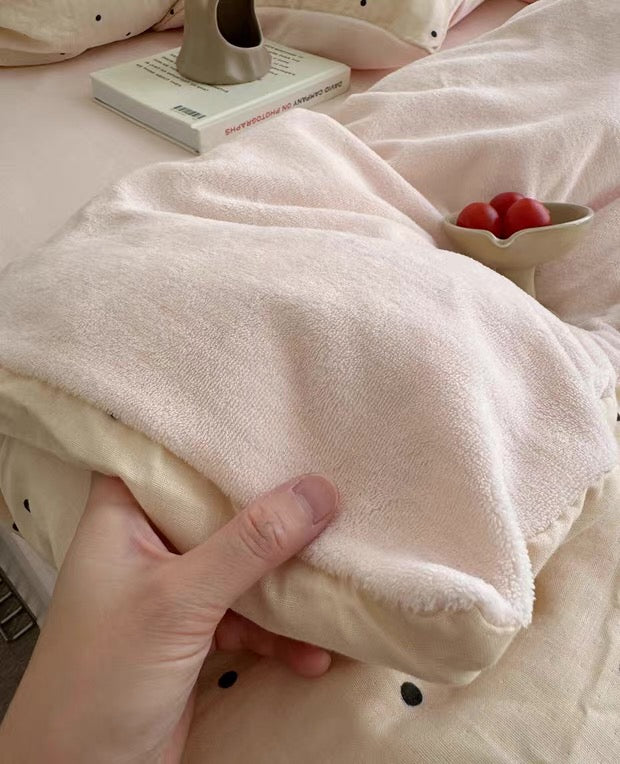 Pink Polka-Dot Cotton & Milk Fleece Bedding Set