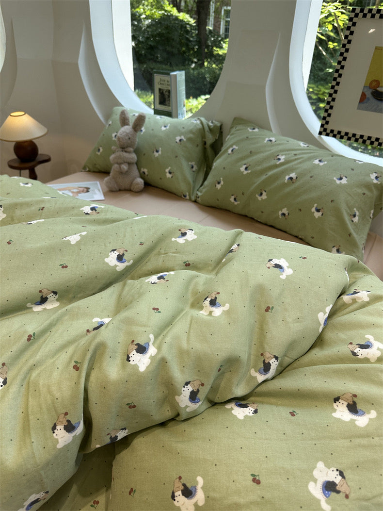 BreezeSoft Gauze Cotton Duvet Cover Set - Green Puppy