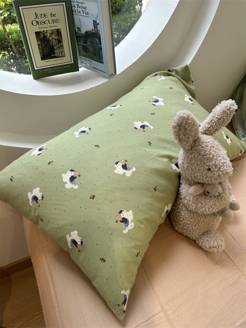 BreezeSoft Gauze Cotton Duvet Cover Set - Green Puppy